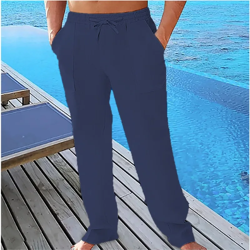 Men's Casual Summer Breathable Pants Waist Drawstring Pockets Linen Trousers Beach Pants
