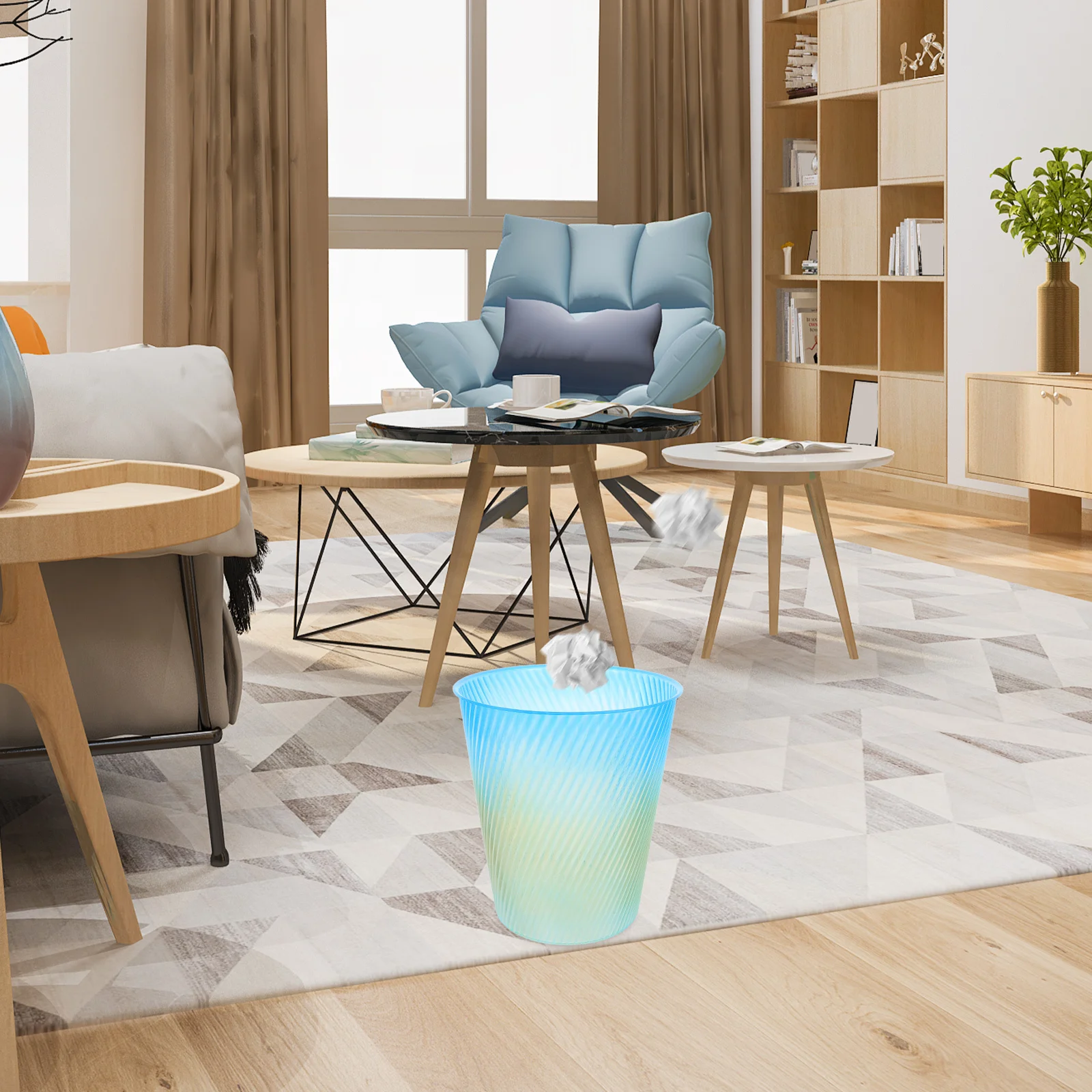 

Plastic Trash Can Ribbed Gradient Vertical Stripe Space-Saving Bathroom Bedroom Office Decorative Trash Bin Household