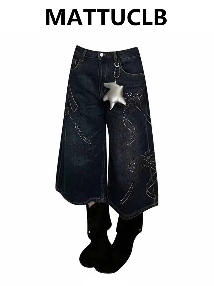 

Летние женские джинсовые шорты в американском ретро-стиле с стразами, Y2K, 2000-е, японский панк, уличная мода Харадзюку, джинсовые брюки до икр