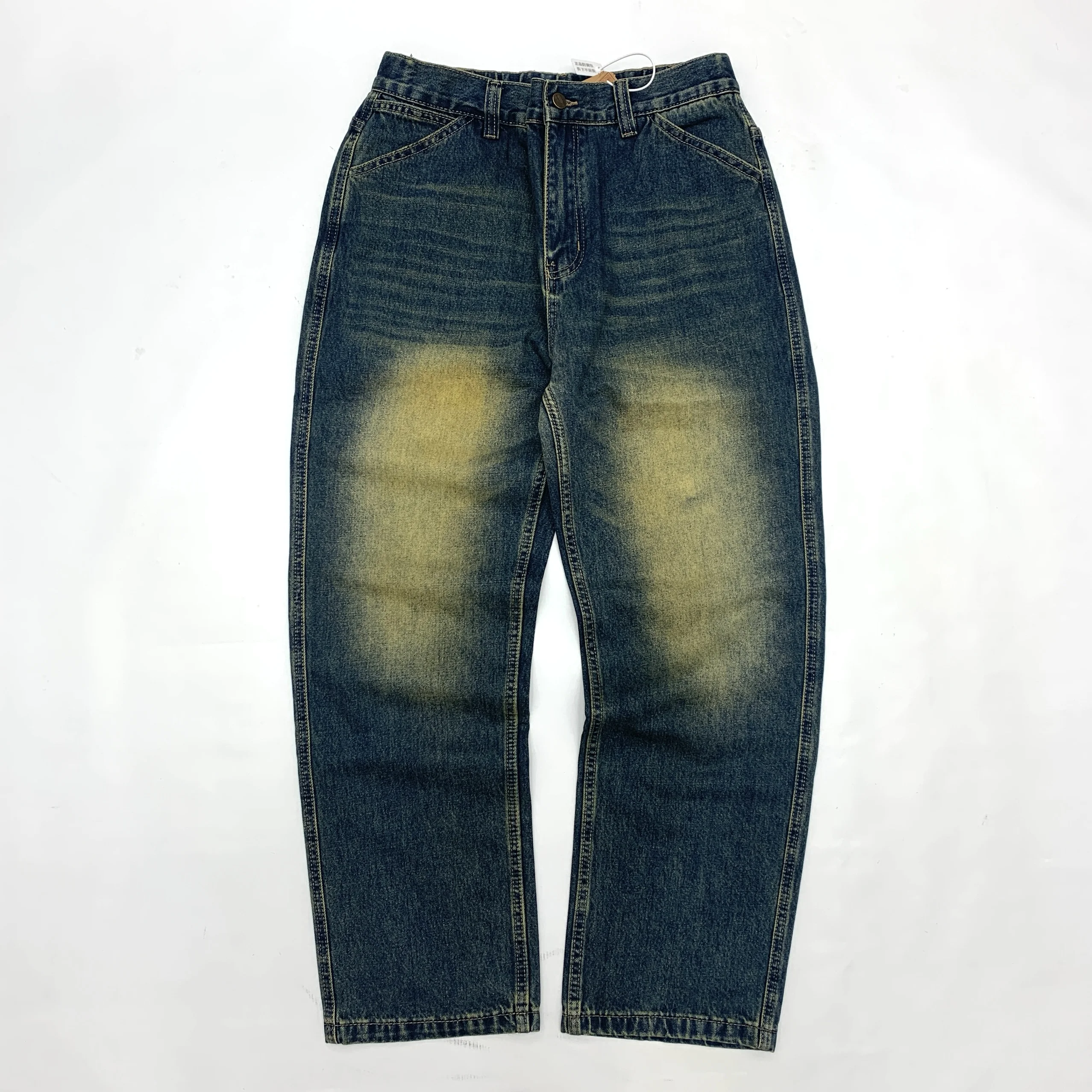 

Vintage Washed Heavyweight Jeans for Men - Relaxed Straight Japanese Retro Distressed Denim Pants Classic Blue Euro-American