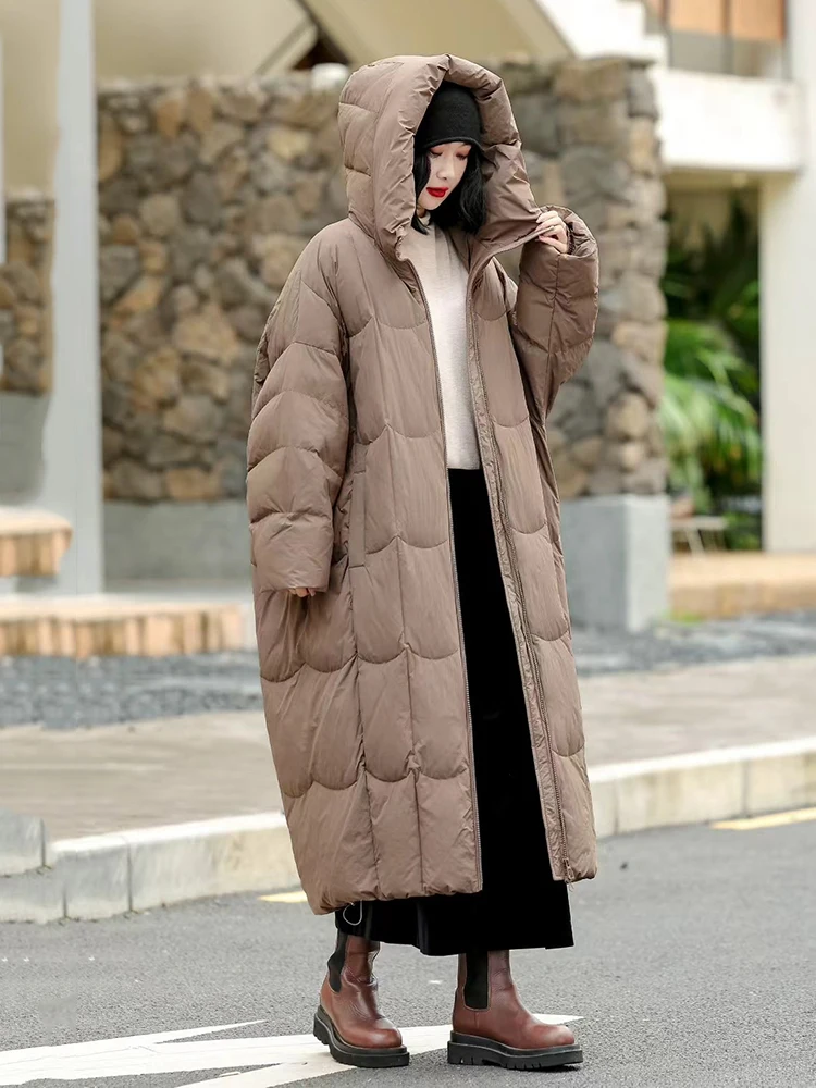 الشتاء مقنعين طويلة كبيرة الحجم أسفل سترة الإناث الدافئة باركر طول الركبة أبلى المرأة الأبيض بطة أسفل مزدوجة سستة أسفل سترة #5