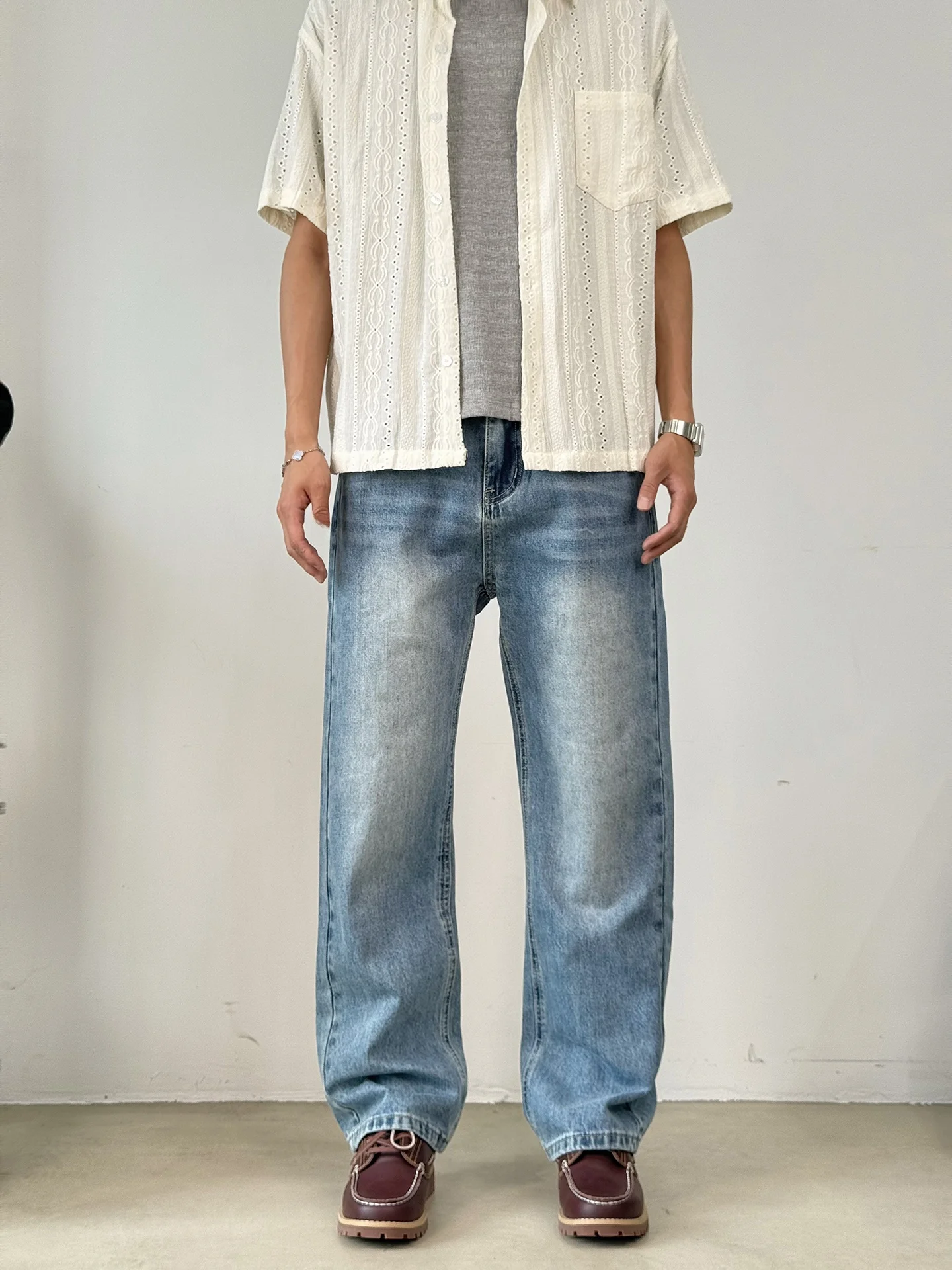 

BurnBro американские ретро волнистые узоры светло-голубые мужские джинсы CleanFit свободные прямые повседневные осенние модные дышащие удобные