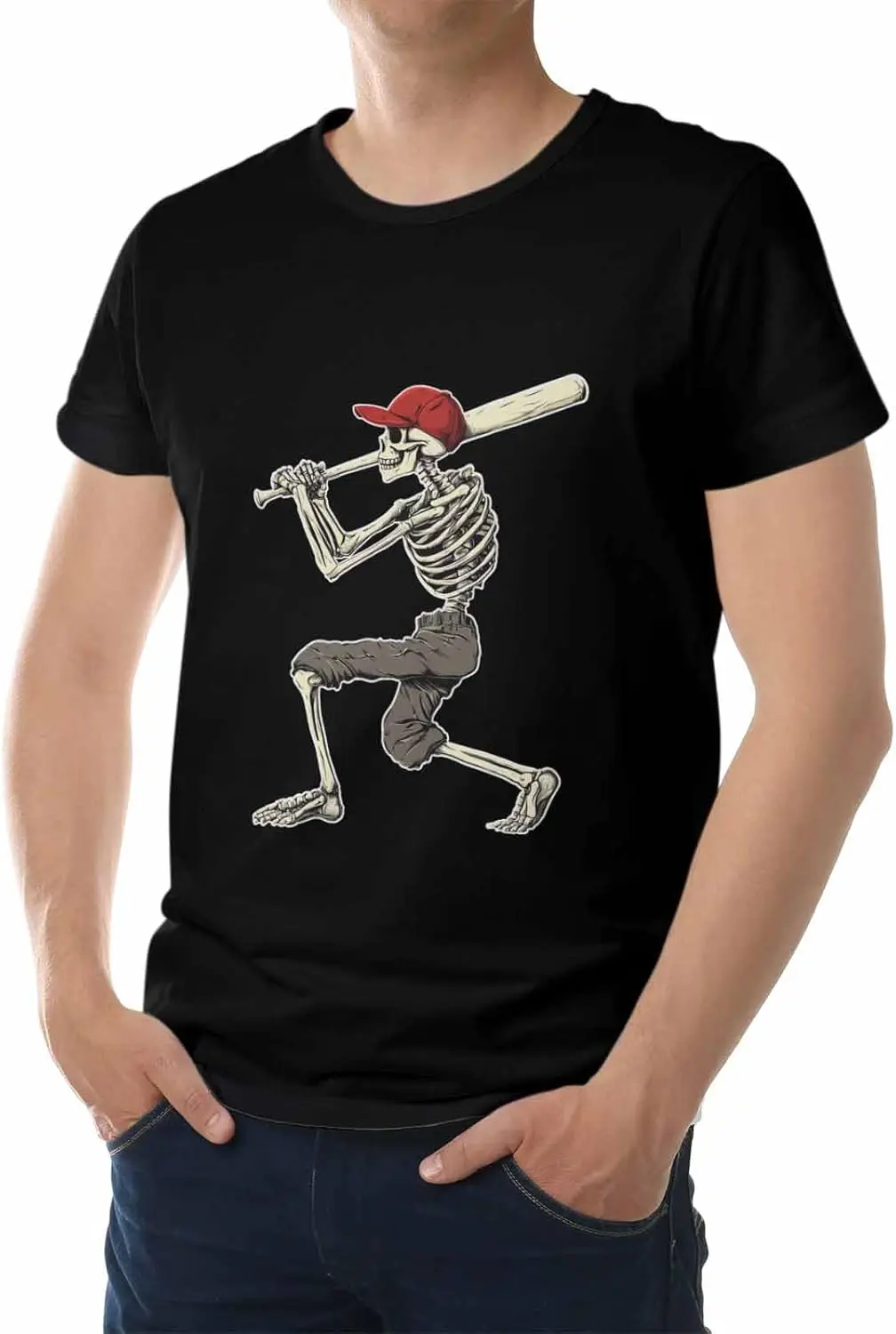 Men's T-Shirt, Novelty Graphic T-Shirt Skeleton Sports Baseball Cotton Crew Neck Men's Short Sleeve Basic Tshirts Black-L