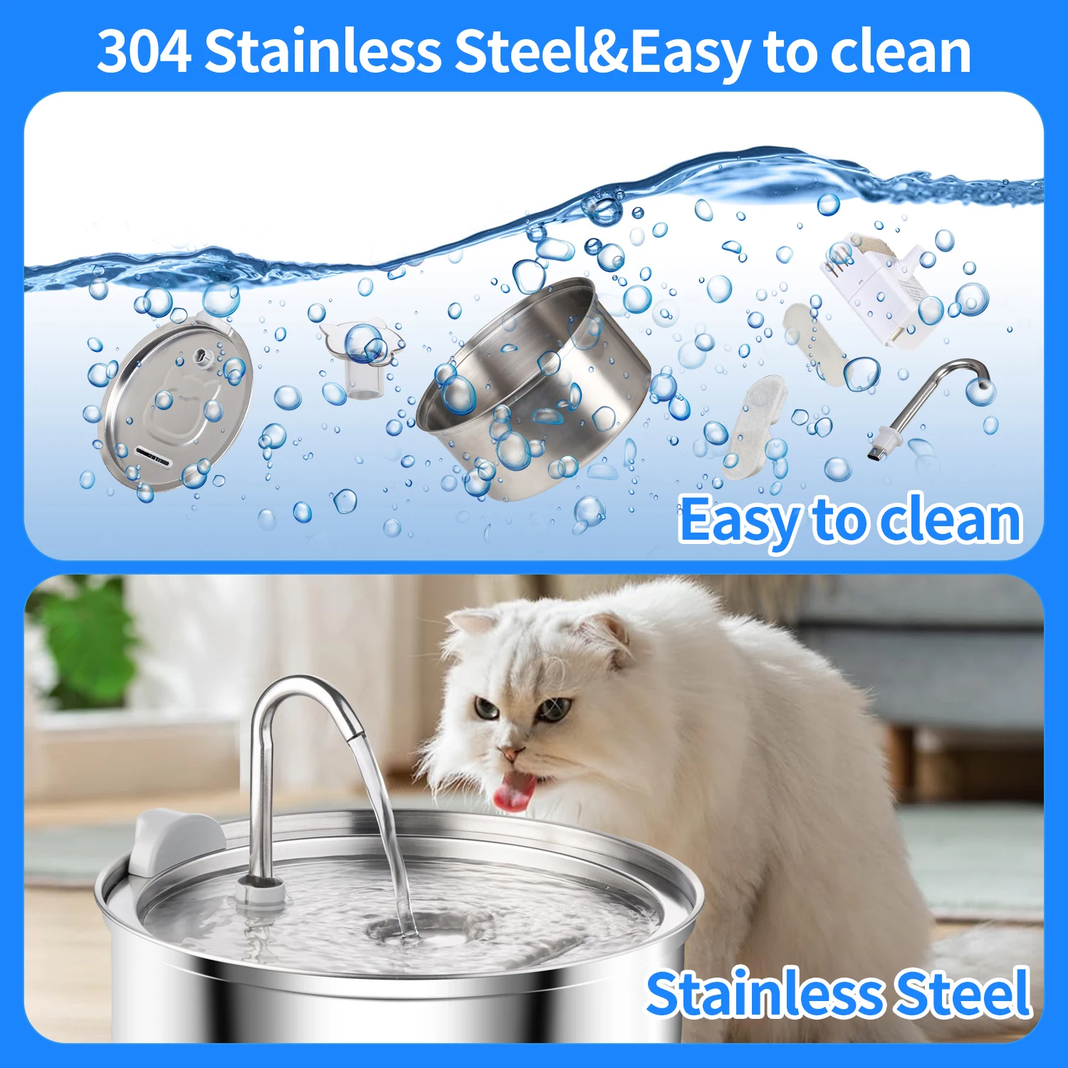 Cat Water Dispenser Super Quiet Pets Auto Filter Stainless Steel Dog Water Fountain USB Electric Mute Pet Drinking Dispenser