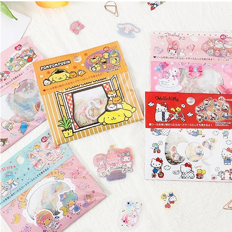 45Sheet/Box Sanrio Sticker Kawaii Hello Kitty Kuromi Cinnamoroll Melody Hand Account Material Decoration DIY Stickers Kids Toys