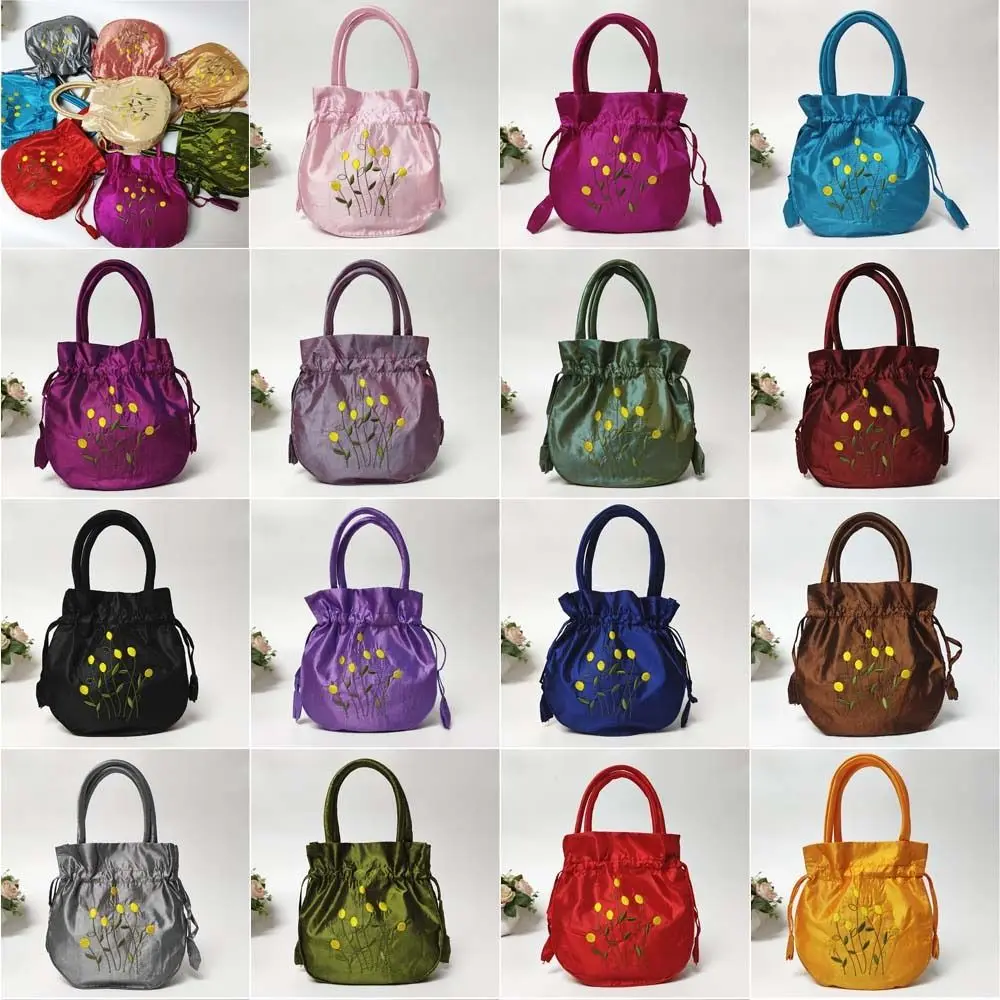 

Satin Silk Hanfu Drawstrings Bag Leaf Ethnic Style Embroidery Flower Handbag Lunch Bag Mommy Bag Floral Bucket Bag Outdoor