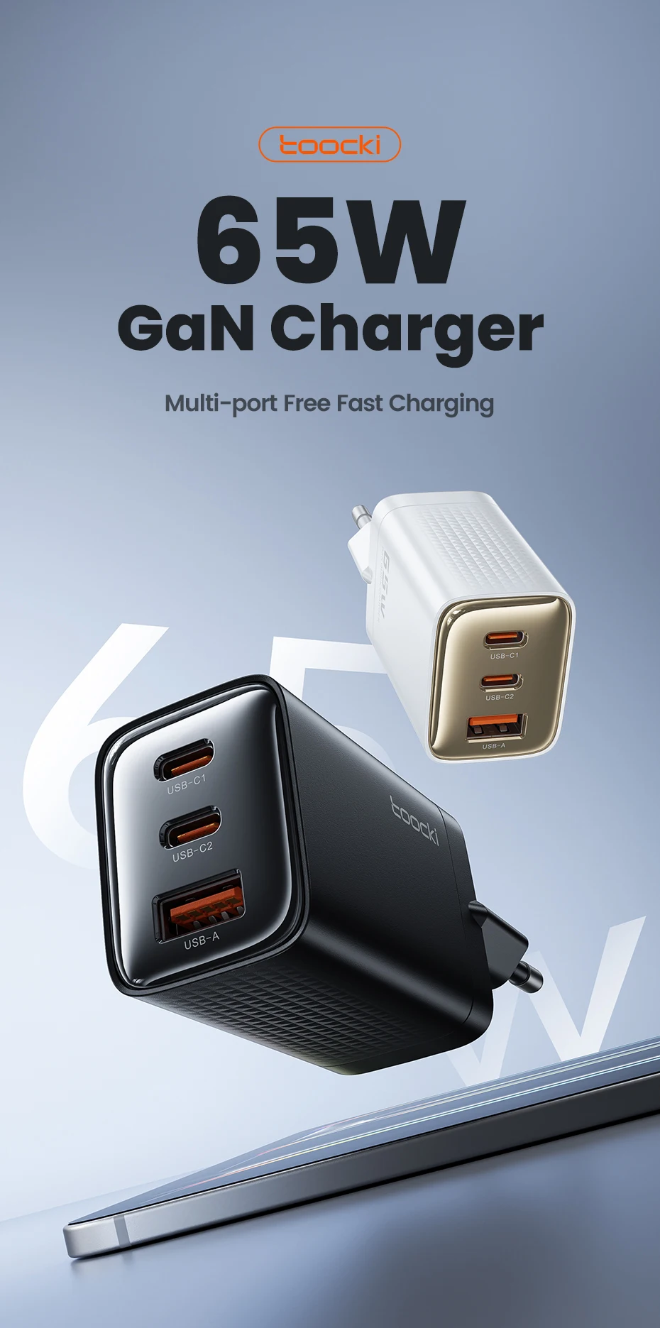 Toocki 65 W GaN USB-Ladegerät Typ C QC4.0 PD3.0 PPS Schnellladung für iPhone 16 15 14 Samsung 24 S23 Xiaomi Huawei Realme Laptop – Detail 1
