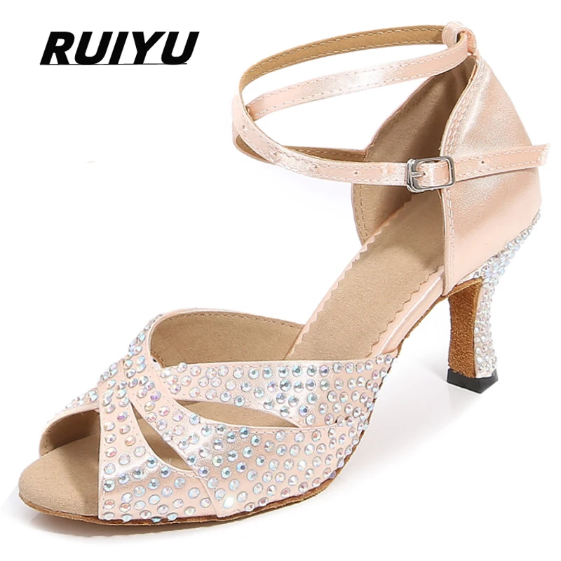 

New Latin Dance Shoes Women's Salsa Tango Ballroom Party Women's Shoes Rhinestones Skin Tone Girls Summer High Heeled Sandals