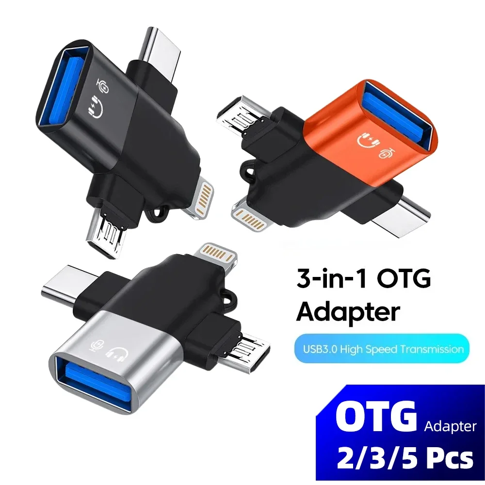 Адаптер 2/3/5 Uds 3 en 1 OTG USB3.0 a Micro USB/Tipo C/convertidor Lightning para iphone Xiaomi Samsung ratón teclado unidad F