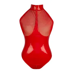 Plus Size 5XL Mesh Leather Bodysuits Women Sexy Lingerie Crotchless Teddy Latex Body Femme Fetish Open Crotch Bodysuit Underwear