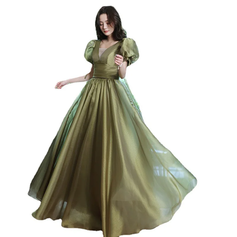 High Quality Green Long Evening Dress Puff Sleeve A-line V-neck Banquet Gowns Lace Up Backless Cocktail Party Dress