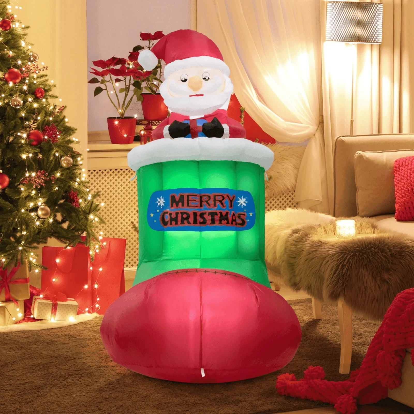Automatic Pop Up and Down Inflatable Christmas Decorations Animated Santa on The Stocking Blow Up Outdoor Toys Luminous Decor