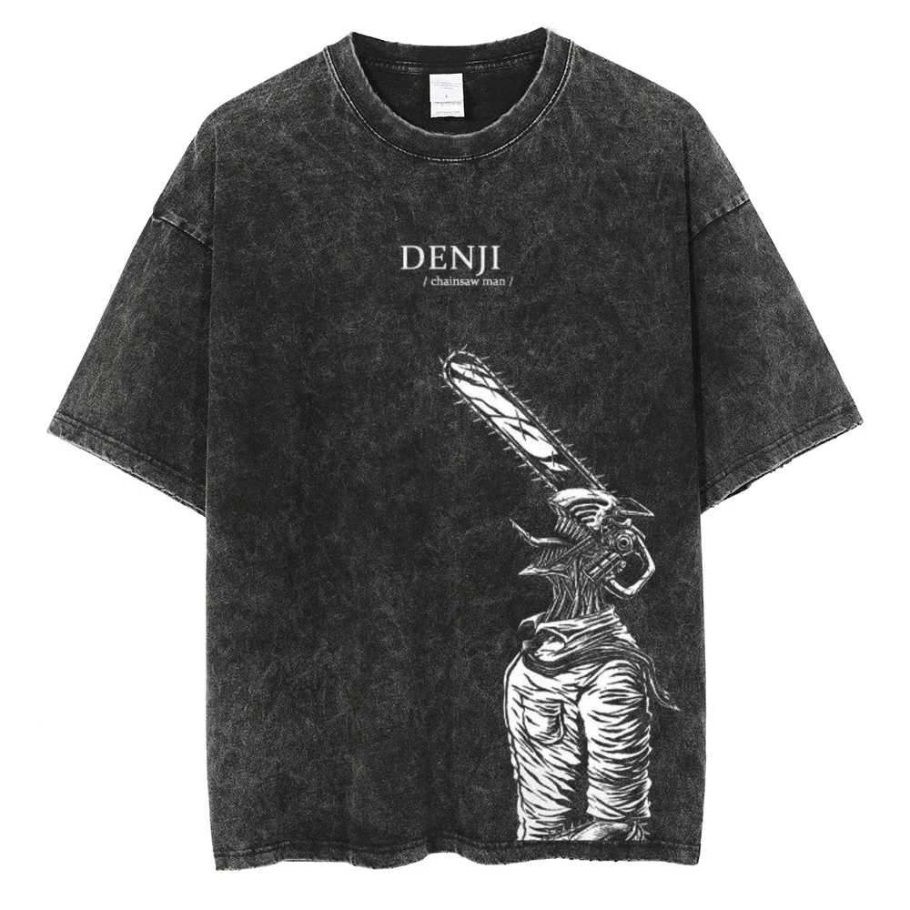 

Summer Cotton Loose Washed Vintage Black Tee Anime Graphic Print T-Shirt Men Streetwear T Shirt Harajuku Oversized T-shirt