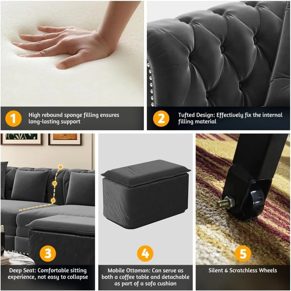 Диван-кровать-трансформер, 3-местный бархатный тафтинговый диван-кровать размера King Size с шезлонгом - выдвижной диван для удобного меха гостиной