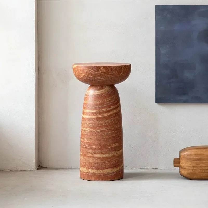 imitation Red Travertine Pedestal Display Stand Hourglass Shape Stone Side Table Living Room Corner Accent Furniture
