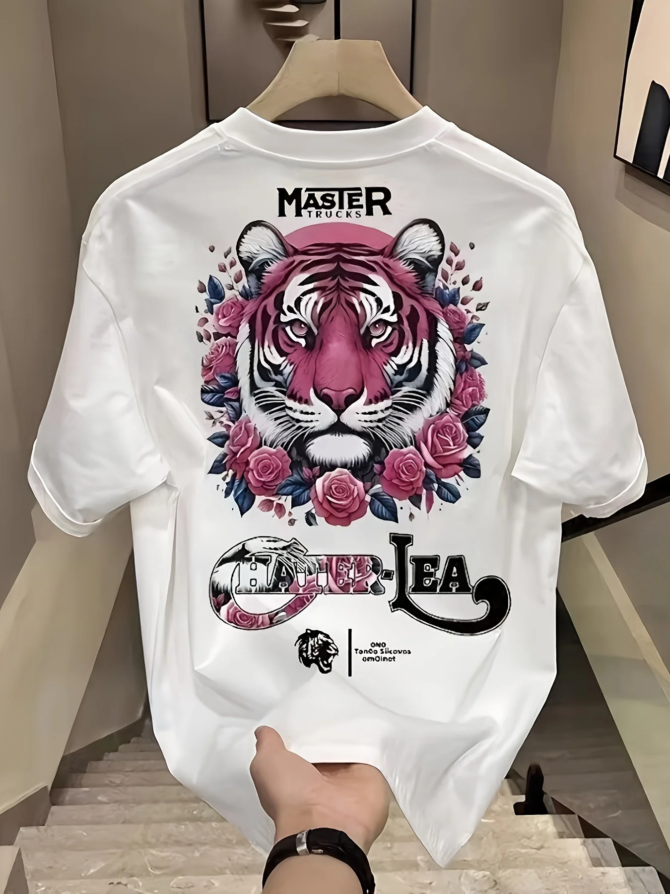 Summer Men's 100% Cotton Loose T-Shirt Pink Tiger Head Rose Floral Back Print Crew Neck Short Sleeve Streetwear Casual Tee Tops