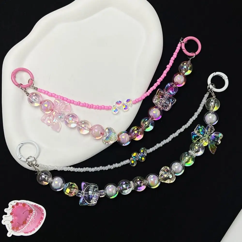 Luxury Cartoon Blingbling Phone Lanyard Kawaii Auroral Color Car Keyring Double Layer Anti-lost Beads Pendant Girl