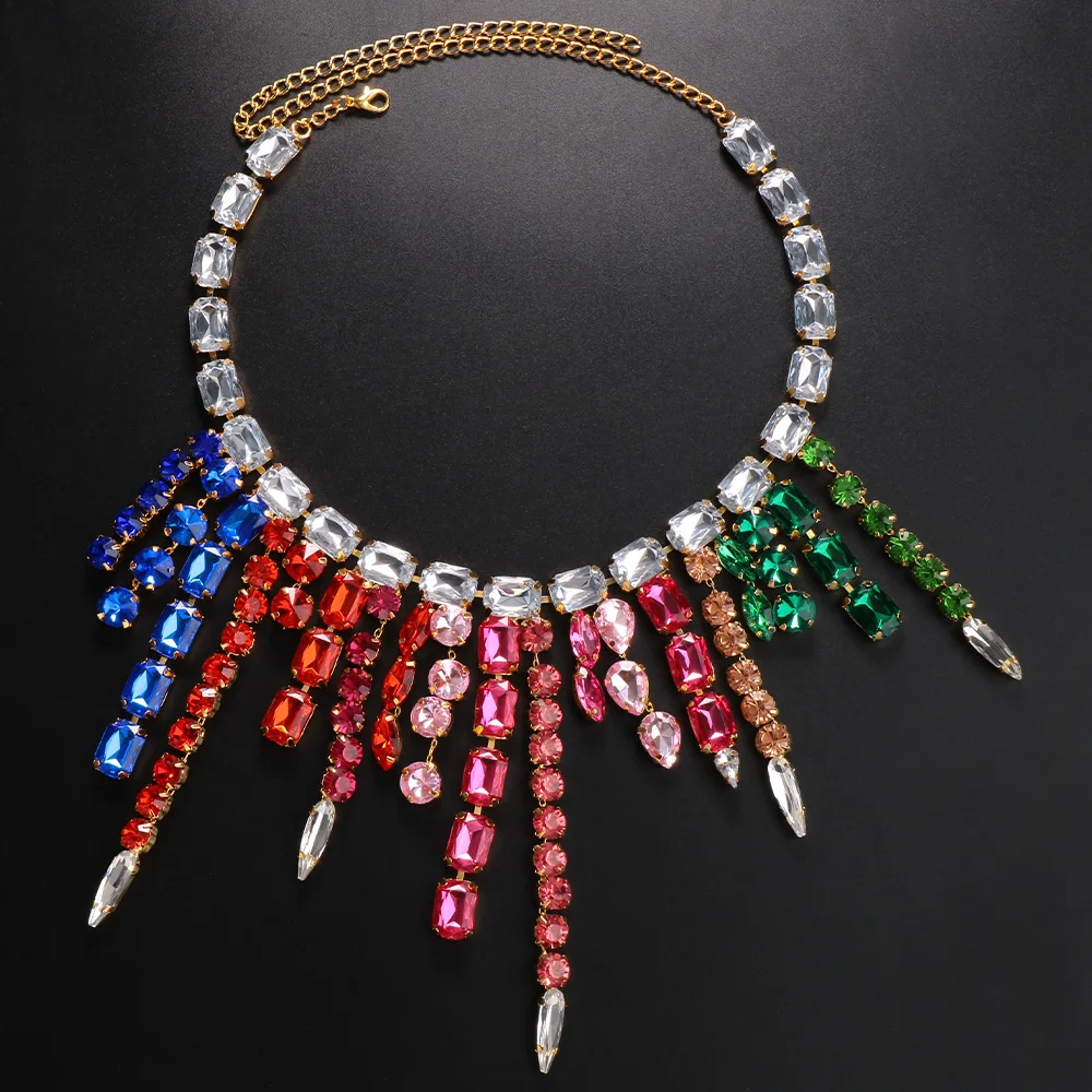 XSBODY Colorful Large Crystal Necklace Aesthetic Jewelry for Women Square Rhinestone Tassel Choker Necklace Christmas Gifts