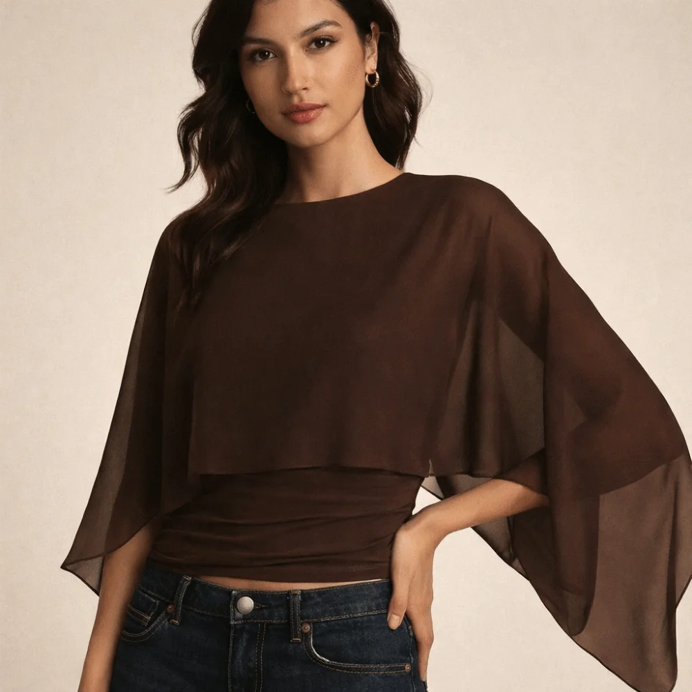 Round Neck Cape Sleeve Top Slim Fit Open Front False Two-Piece Tops Ruched Waist Sheer Fabric Irregular T-Shirt Casual Daily