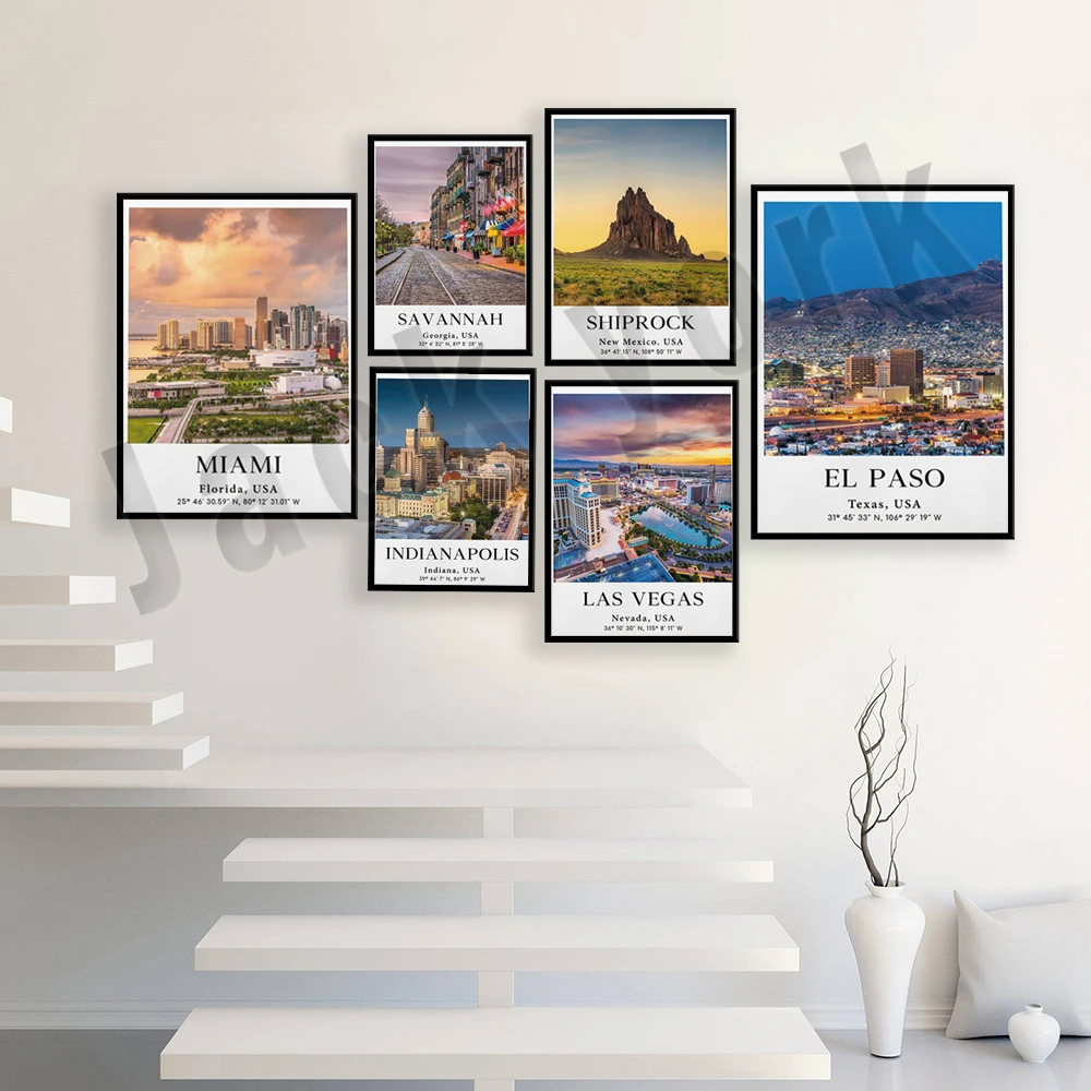Indianapolis, Savannah Georgia, Las Vegas, Miami, Santa Monica, Shiprock, New Mexico, El Paso, Texas, USA travel poster