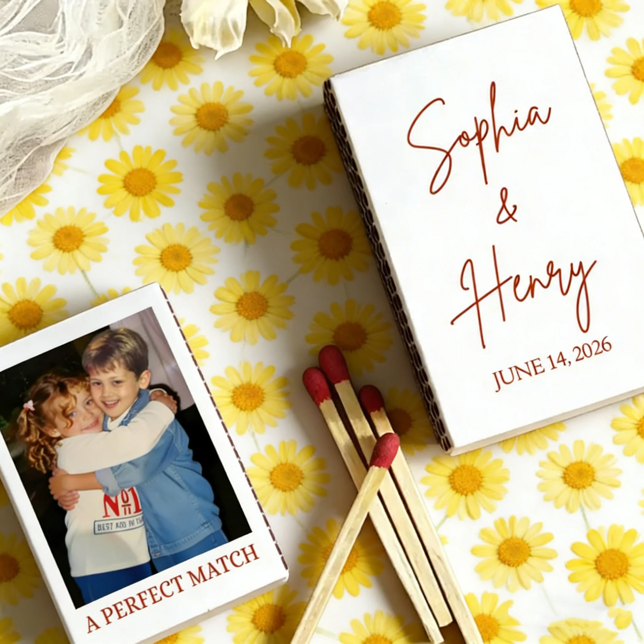 

Custom Vintage Wedding Matchboxes with Couple Photo, Personalized Names & Date, "A Perfect Match" Keepsake Favors for Guests