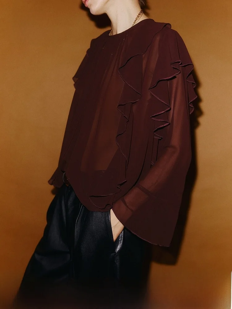 

Spring New Arrival Women's irt See-tough Lace Trim Casual Loose Fit Long Sve round Ne Button up H&M 33354