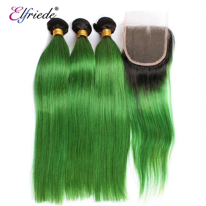 Elfriede #1B/Green Straight Hair Bundles with 4X4 Lace Closure Brazilian 100% Remy Human Hair Extensions 3 Bundles with Closure