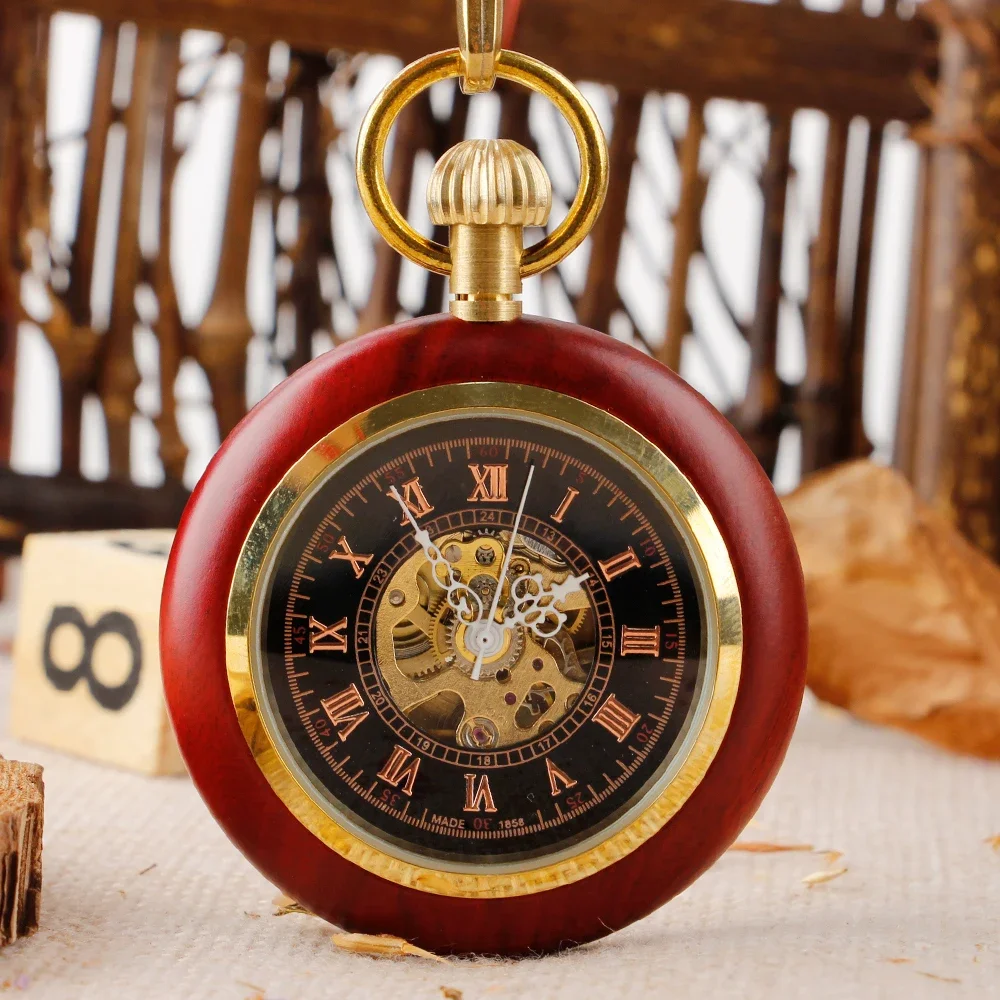 

NEW Vintage Red All Wood Mechanical Pocket Watch Antique Steampunk Necklace Mens Hand Wind Fob Watch