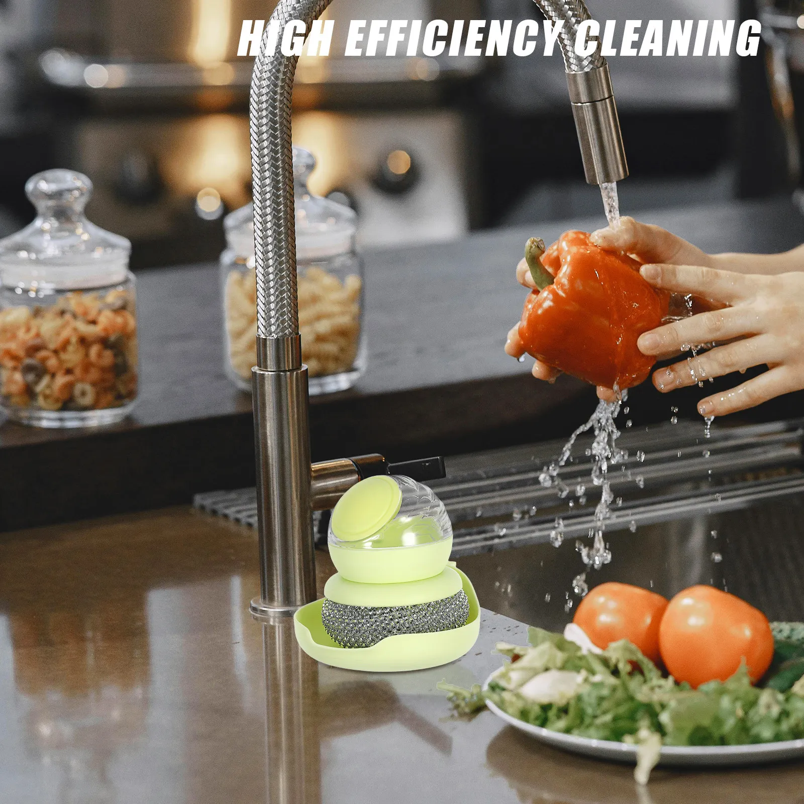 Astronaut-Shaped Refillable Soap Dispensing Dish Brush Spherical Pot Pan Scrubber for Wok Cleaning Kitchen Dishwashing Efficient