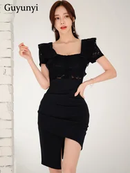 Black Elegant Office Lady Dress Summer Simple High Waist Lace Paneled Square Neck Puff Sleeves Temperament Tight Mini Dress