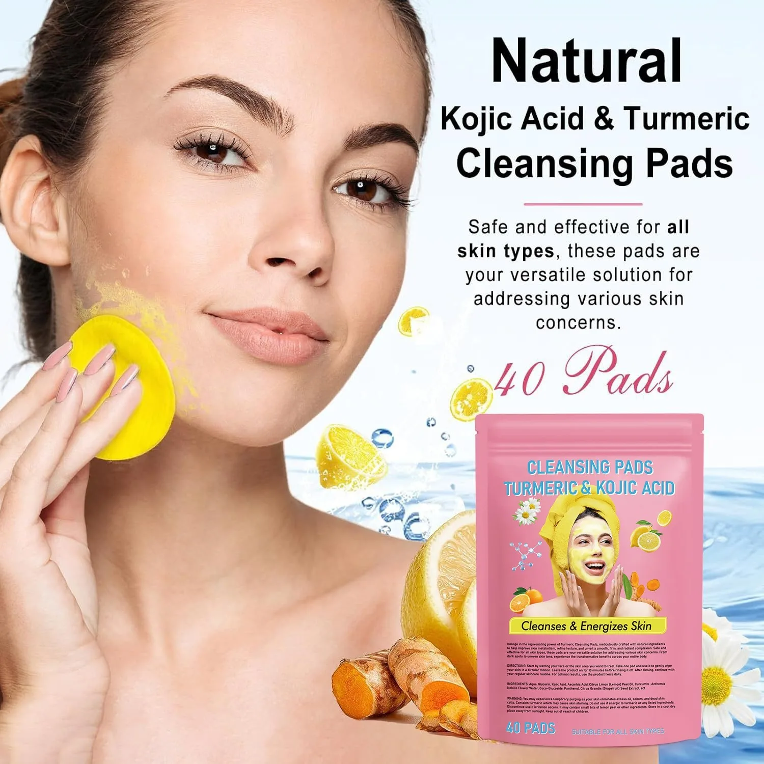 40pcs Turmeric Kojic Acid Cleansing Pads Exfoliating Pads Facial Sponges For Cleansing Exfoliating Daily Cleaning Skin Care
