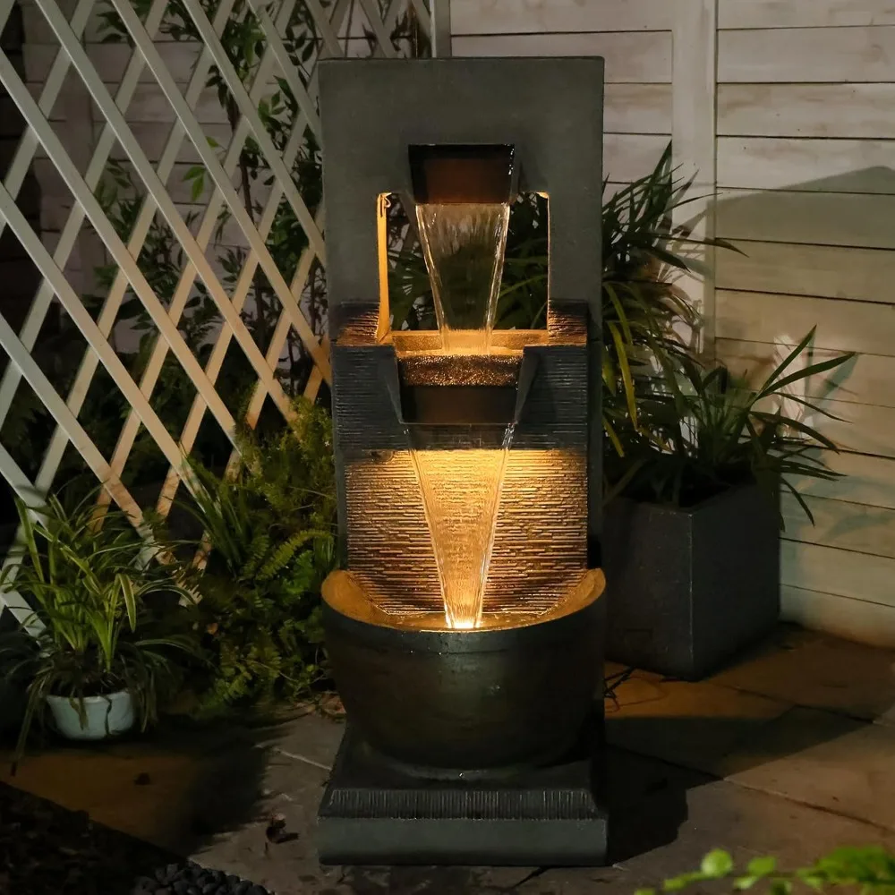 

Современный уличный фонтан высотой 39 дюймов со светодиодной подсветкой и насосом, 3-х уровневый каскадный водопад - современный дизайн для сада/патла