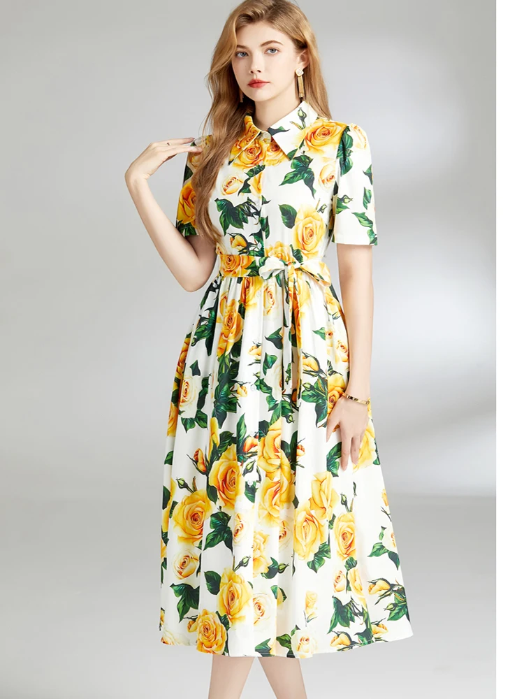 Fashion Casual Bloemenprint Shirt Jurk Voor Vrouwen Zomer Revers Korte Mouw Vrouwelijke Elegante Boog Riem Vakantie Feestjurk Vestidos