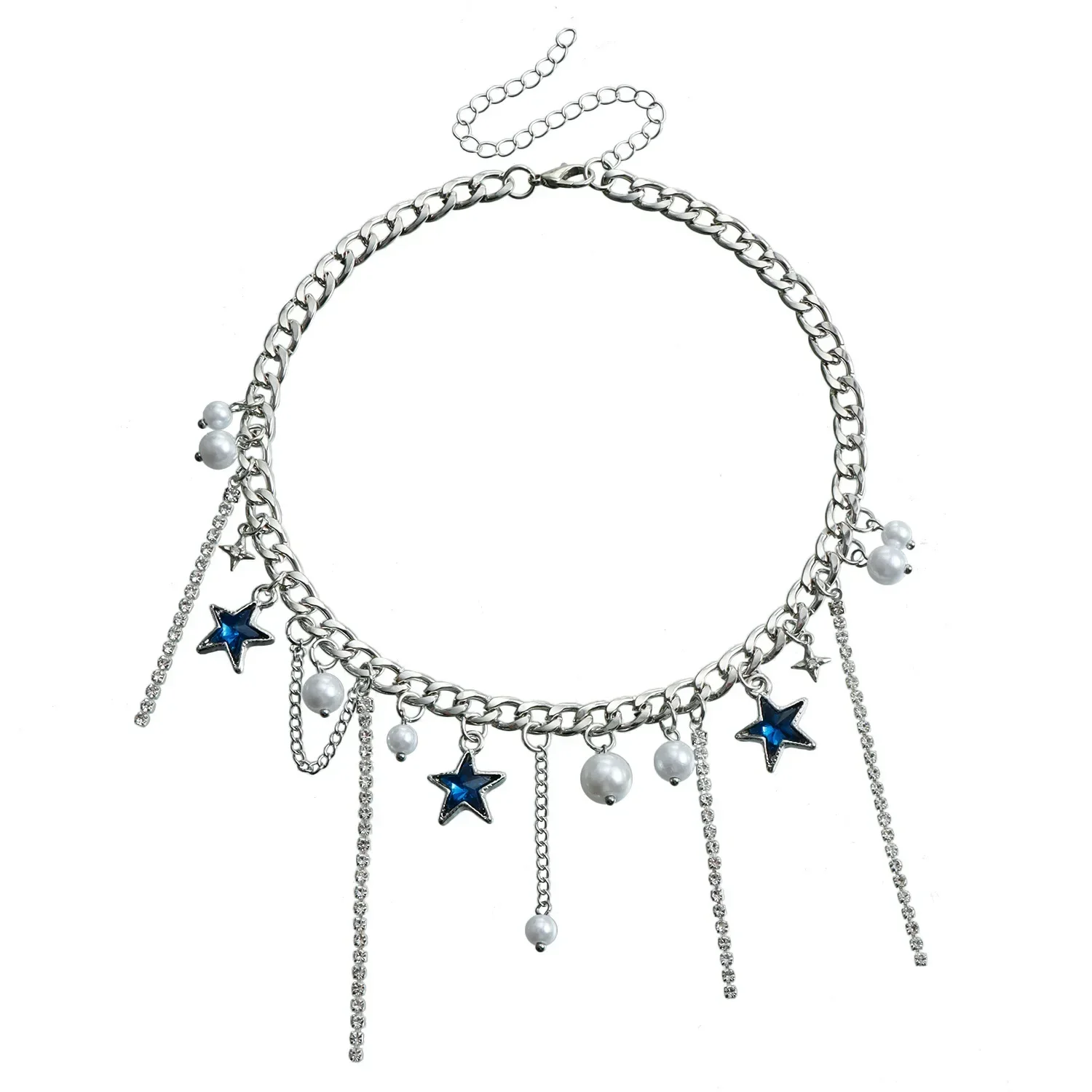 New Fashion Trend Accessories Party Jewelry Blue Rhinestones Star Fringe Wind Necklace  for Women