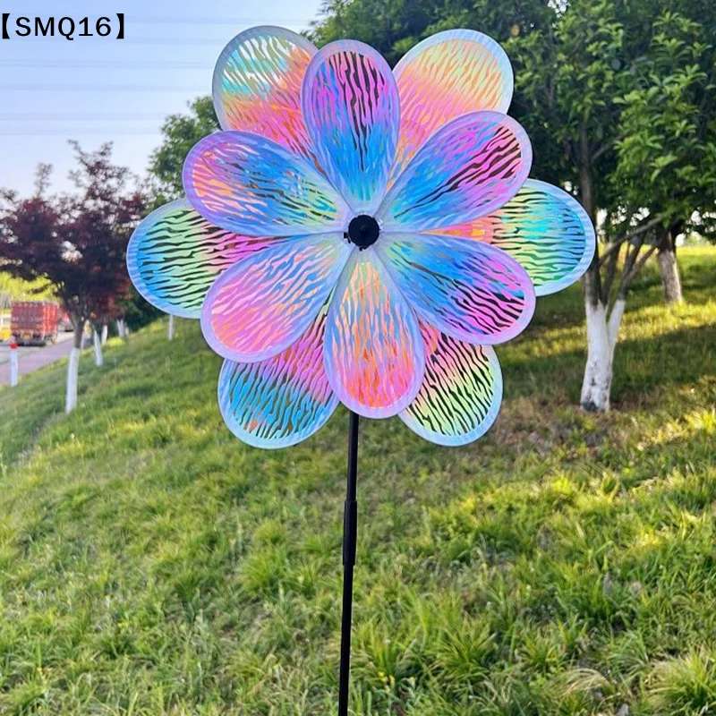 1 Piece Double Layer Color Film Color Changing Dazzling Windmill Rotating Wind Spinner Stake Standing Lawn Flower Pinwheel【SMQ】