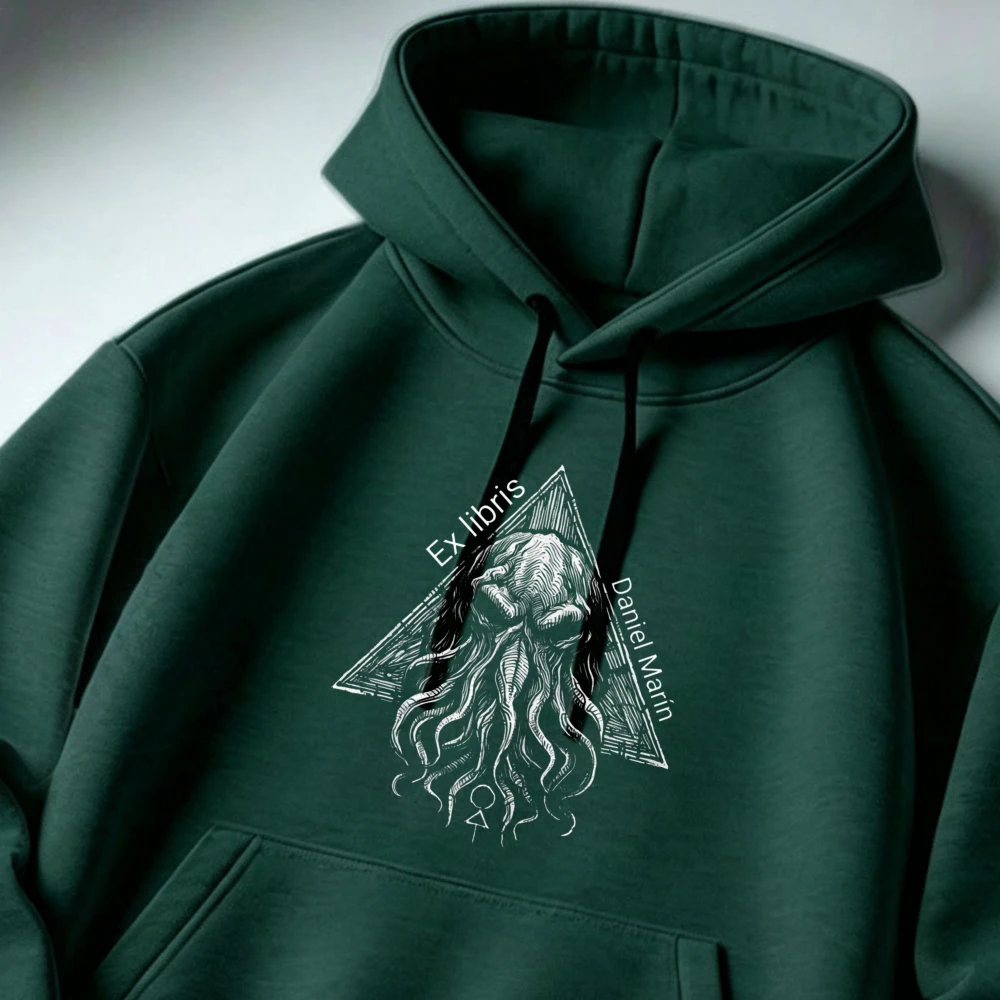 Ex Libris Triangle Frame Cthulhu Vintage Textured Graphic Hoodie Lovecraft Horror Myth Print Pullover Hooded Sweatshirt Hooded