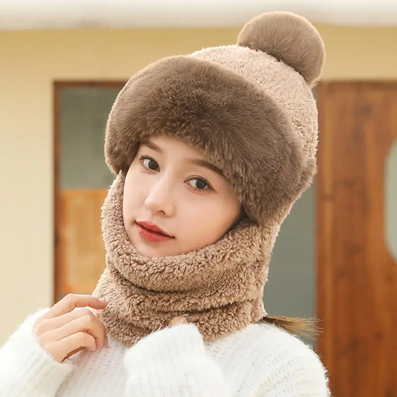 Winter Scarf Set Hooded for Women Plush Neck Warm Russia Outdoor Ski Windproof Hat Thick Plush Fluffy Beanies