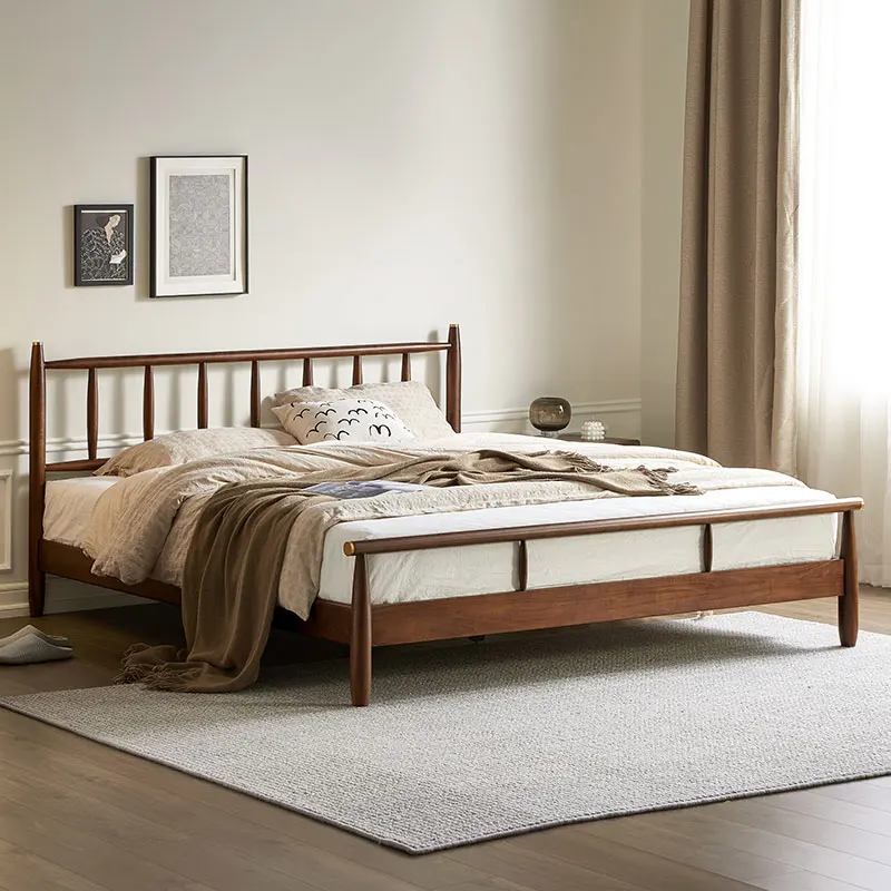 

-yy M5012 Nordic Minimalist Black Walnut Solid Wood Bed Queen Size Bed Strip Headboard Bed Frame