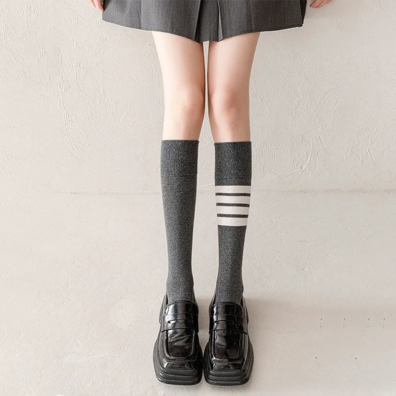 

Socks, children's four bar calf socks, Japanese college style striped mid tube socks, JK gray knee length long tube socks