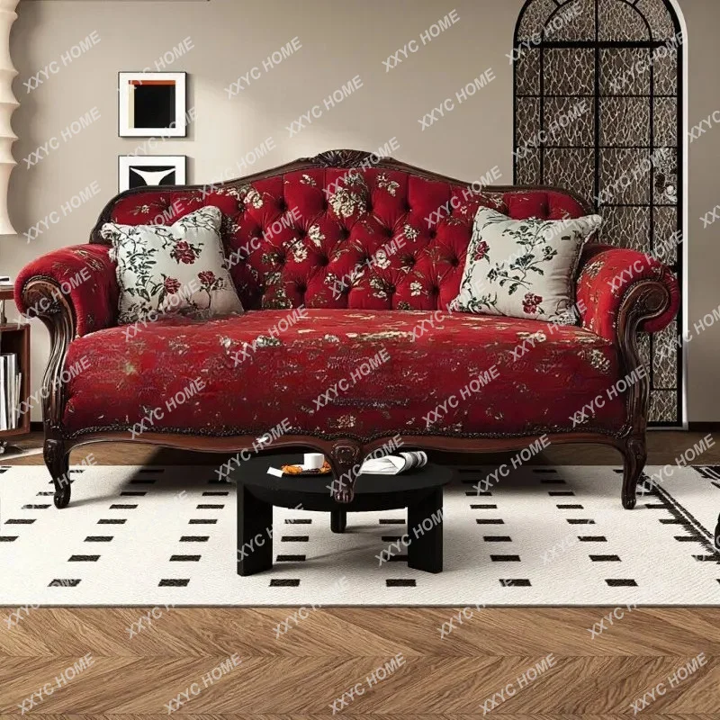 XX  brown retro solid wood three-person sofa villa living room double buckle hotel pastoral studio sofa