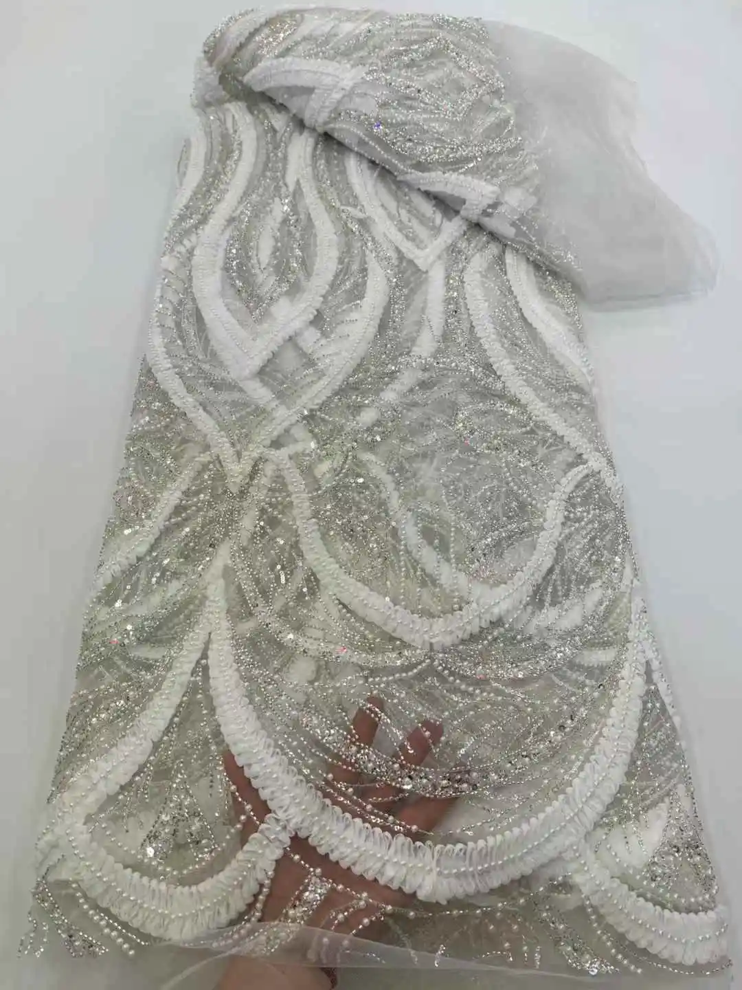 Lujoso y elegante encaje con cuentas africanas tela de encaje de lentejuelas de novia francesa 2025 vestido de fiesta de boda de tul Helia de alta calidad