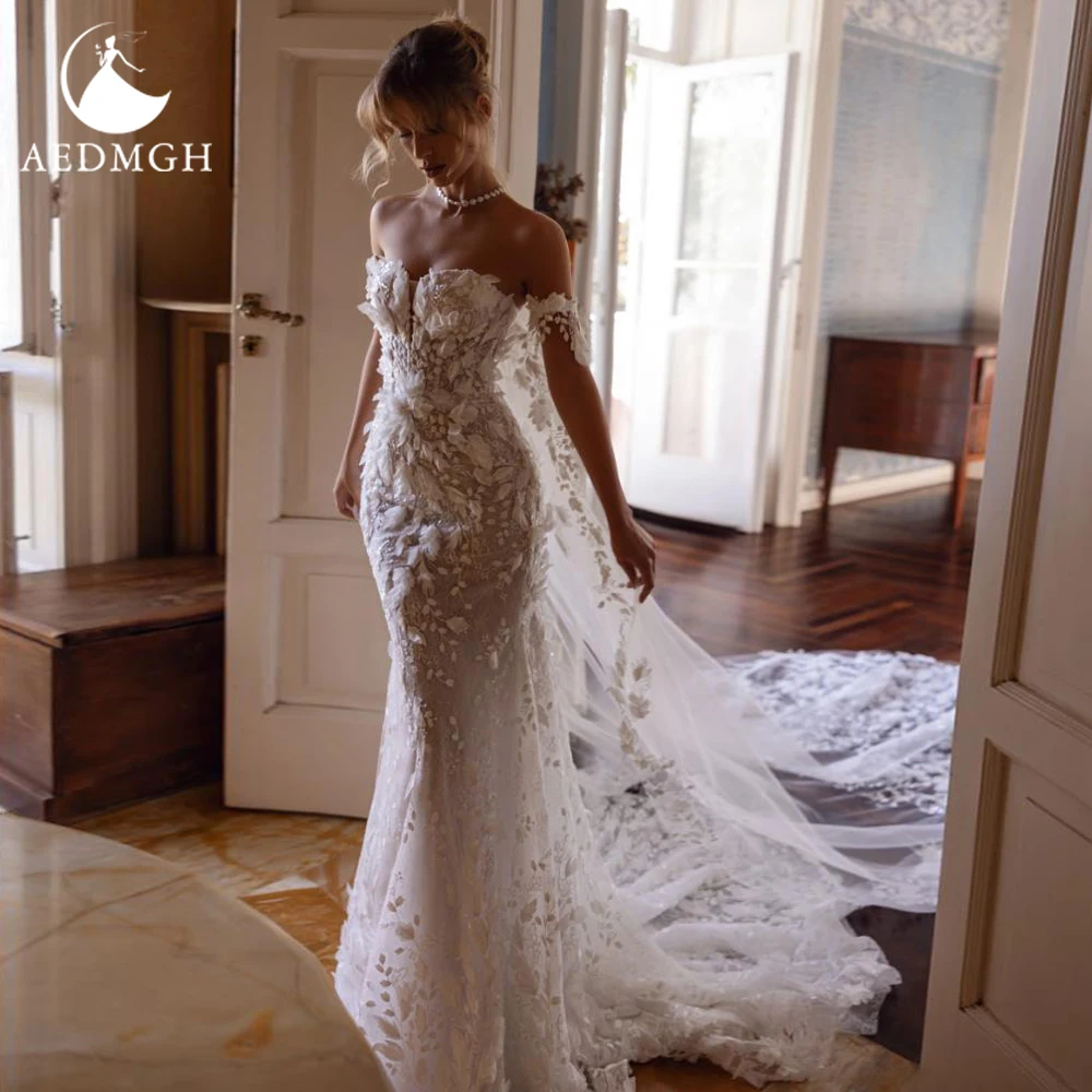 

Aedmgh Русалка сексуальные свадебные платья без бретелек с лентами Vestido De Novia кружевные вышитые цветы свадебные платья на заказ