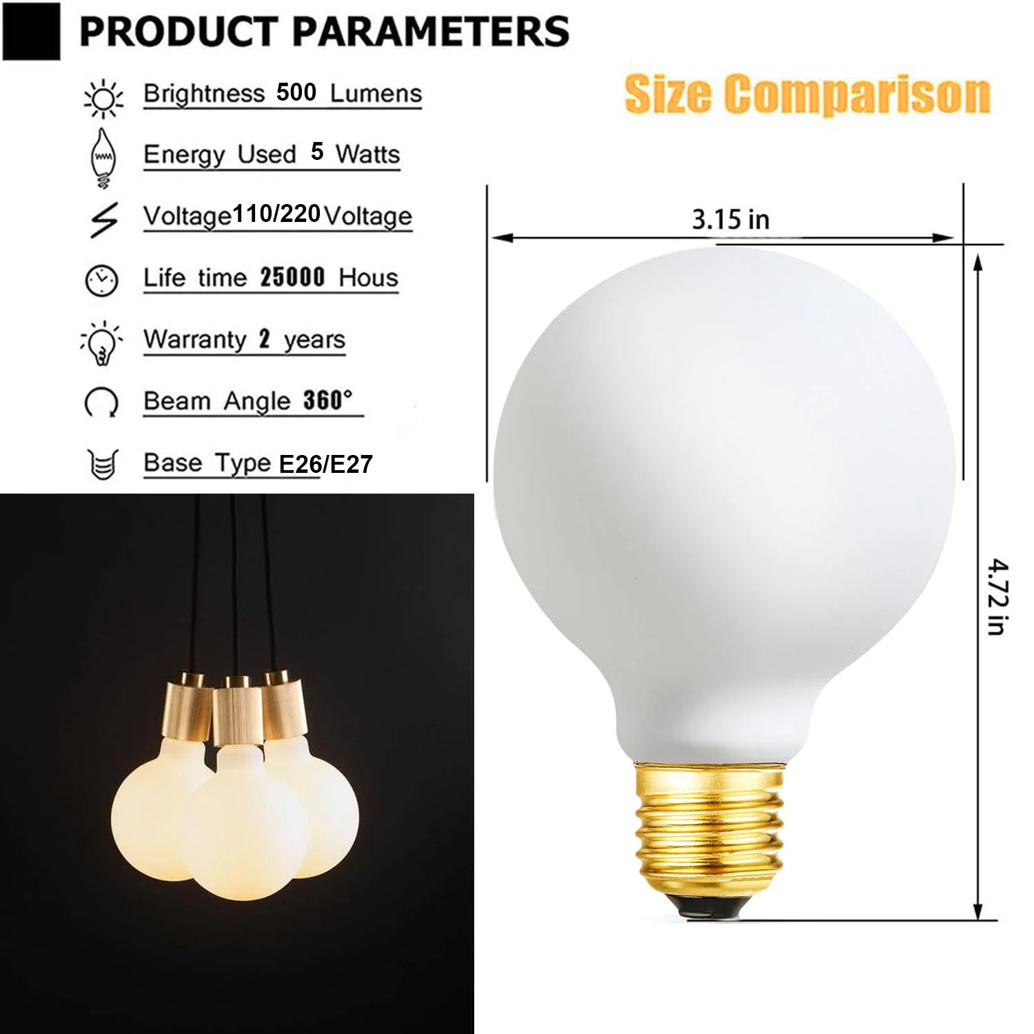 Imagem -02 - Globo de Vidro Fosco Bola Led Lâmpada Regulável Leitoso Quente Branco E27 E26 E26 5w G80 110v 220v