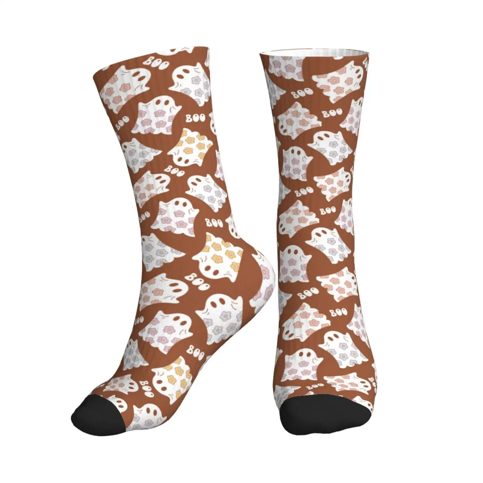 

Милые носки с цветочным узором и призраком для женщин и мужчин, носки для экипажа на тему Хэллоуина, повседневные носки с забавным принтом Boo