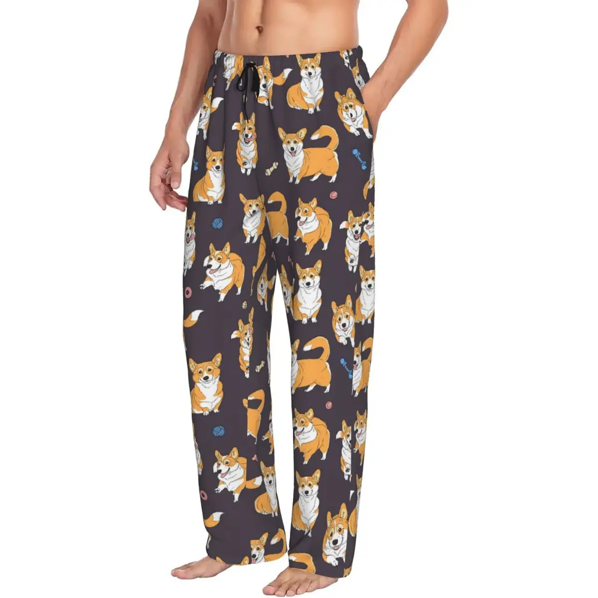 Custom Playing Corgi Dog On Grey Men Pajama Pants Lounge Sleep Sleepwear Bottoms with Pockets