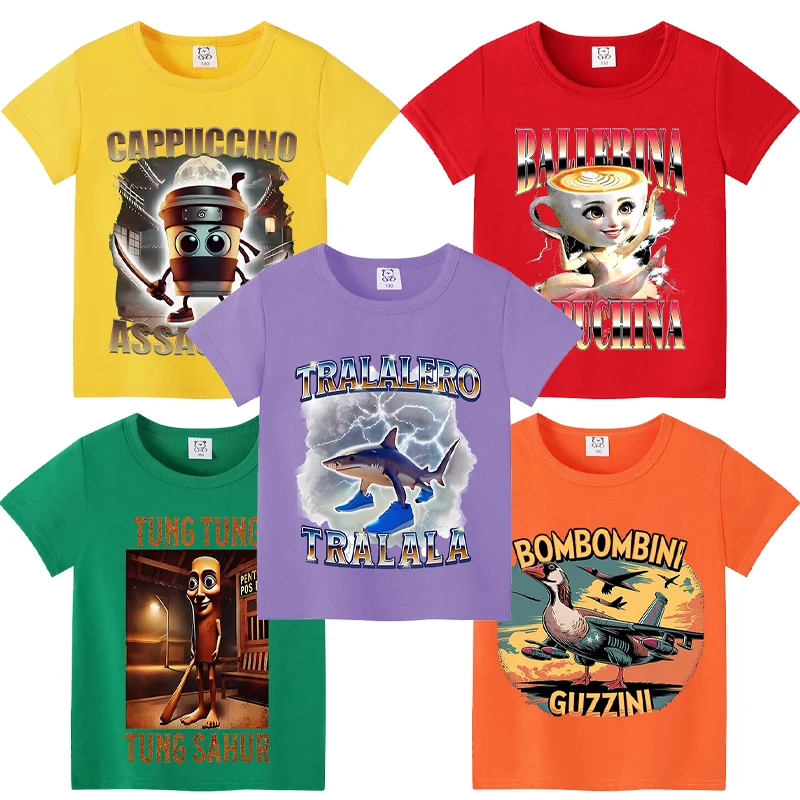 

Итальянская красочная рубашка Brainrot, хлопковые топы в стиле аниме, летняя детская футболка с короткими рукавами, милая одежда для мальчиков, детские футболки с мультяшными фигурками, подарок