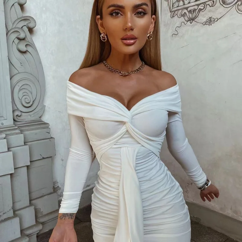 

Autumn Winter New Women's Pleated Dress with Ribbon SexyVOff-Shoulder Long Sleeve Hollow Out Dress