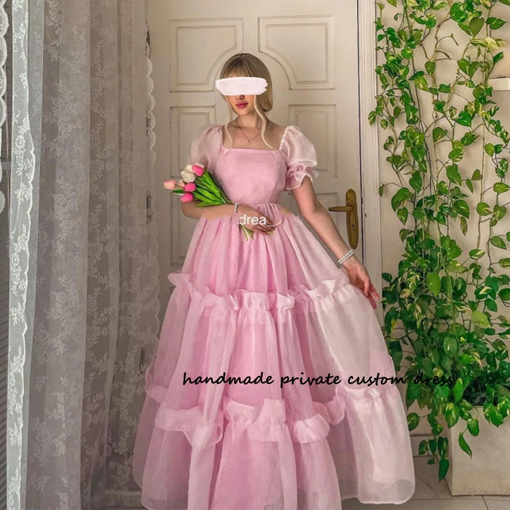 

Pink Organza A Line Fairy Homeocming Prom Dresses 2023 Short Sleeve Celebrate Graduation Dress Floor Length Evening Party Gowns