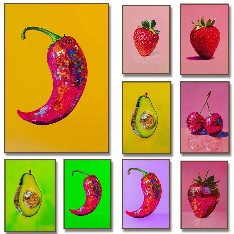 Cherries Strawberry Chili Pepper Avocado Disco Ball Canvas Painting Food Poster Kitchen Prints Home Decor Cuadros