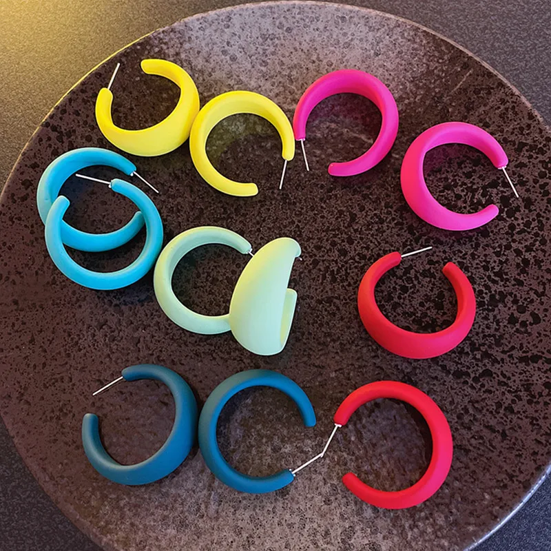 Korean Candy Color C-shaped Hoop Earrings For Women Girls Geometric Matt Rose Red Hoop Earrings 2022 Summer Party Jewelry Gifts
